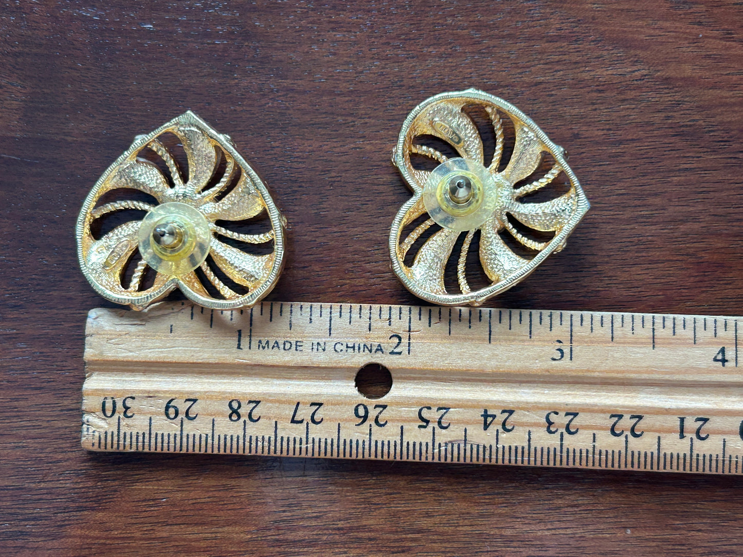 Vintage Large Avon Gold Tone Rhinestone Heart Shaped Open Work Pierced Earrings