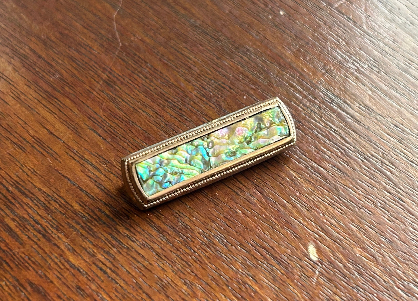 Antique Rose Yellow Gold Filled Abalone Small Bar Brooch Bead Edge