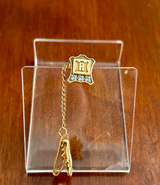 Vintage 1/10 10k and 12k Gold Filled Aquamarine R Letter Monogram Tie Tack