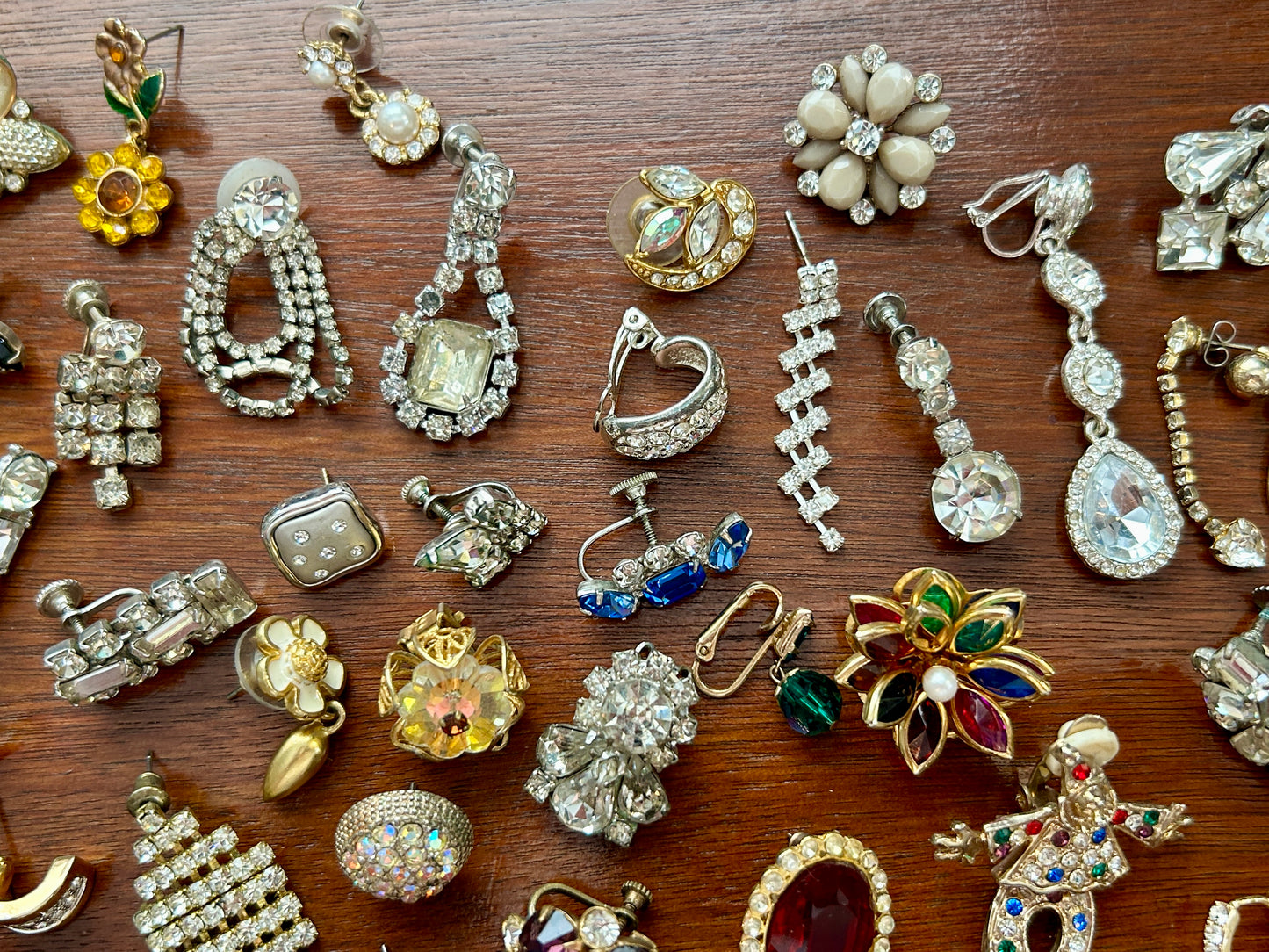 Over 60 Vintage SINGLE Earring Lot Rhinestones AB Harvest Cluster Craft Pearl