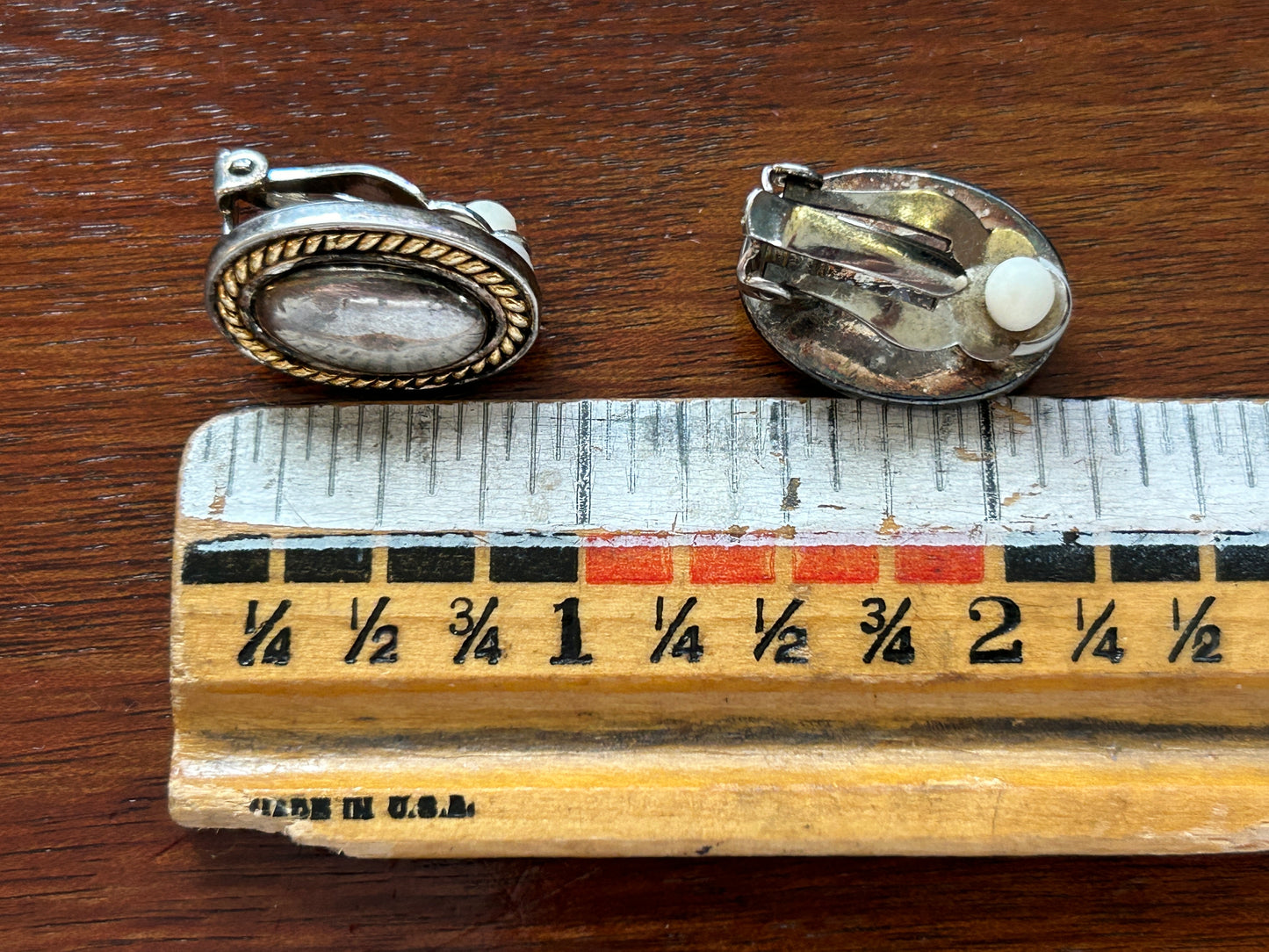 Vintage Silver Tone Clip On Earrings Oval With Gold Tone Rope Braid Trim