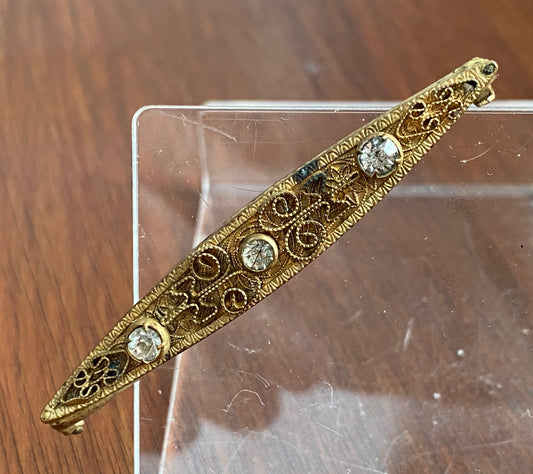 Vintage Czechoslovakia Gold Tone Rhinestone Bar Brooch Pin