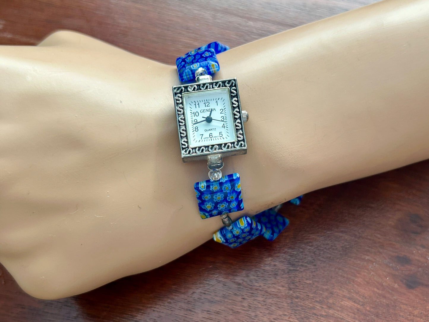 Geneva Blue Glass Millefiori Toggle Clasp Womans Wristwatch Watch Quartz