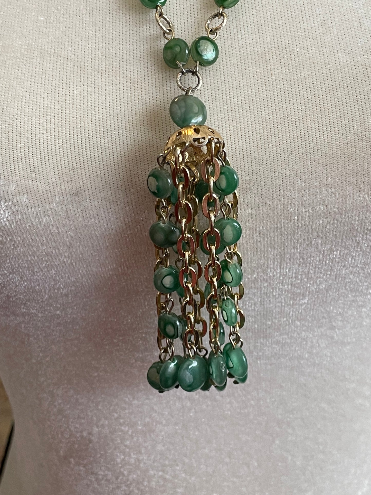 Vintage Long Gold Tone & Green Bead Tassel Necklace Hong Kong