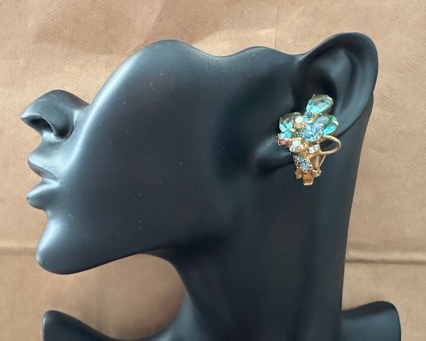 Vintage Pale Blue AB Aurora Borealis Rhinestone Gold Tone Clip on Earrings