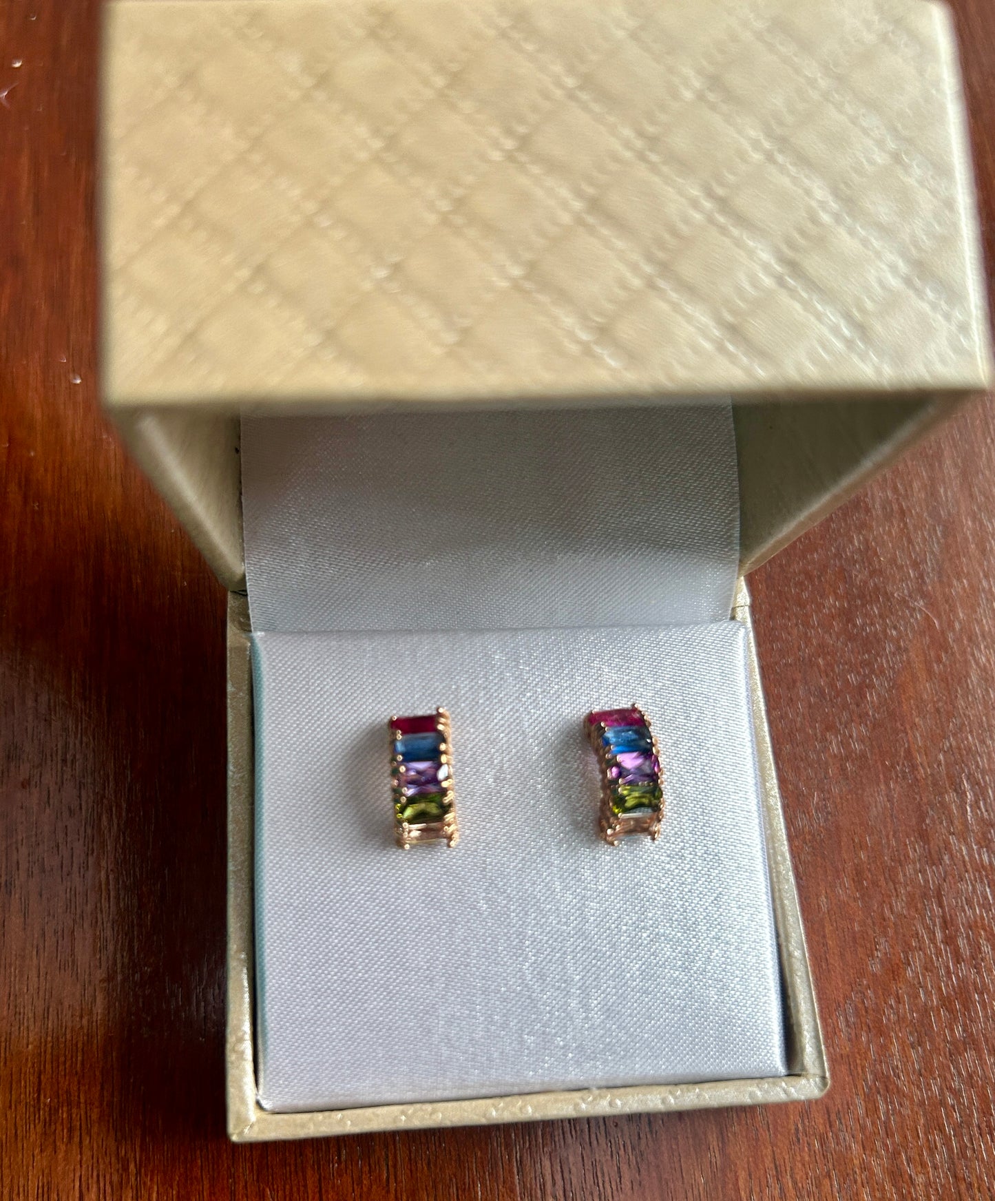 Gold Tone Emerald Cut Rainbow Cubic Zirconia Pierced Stud Earrings