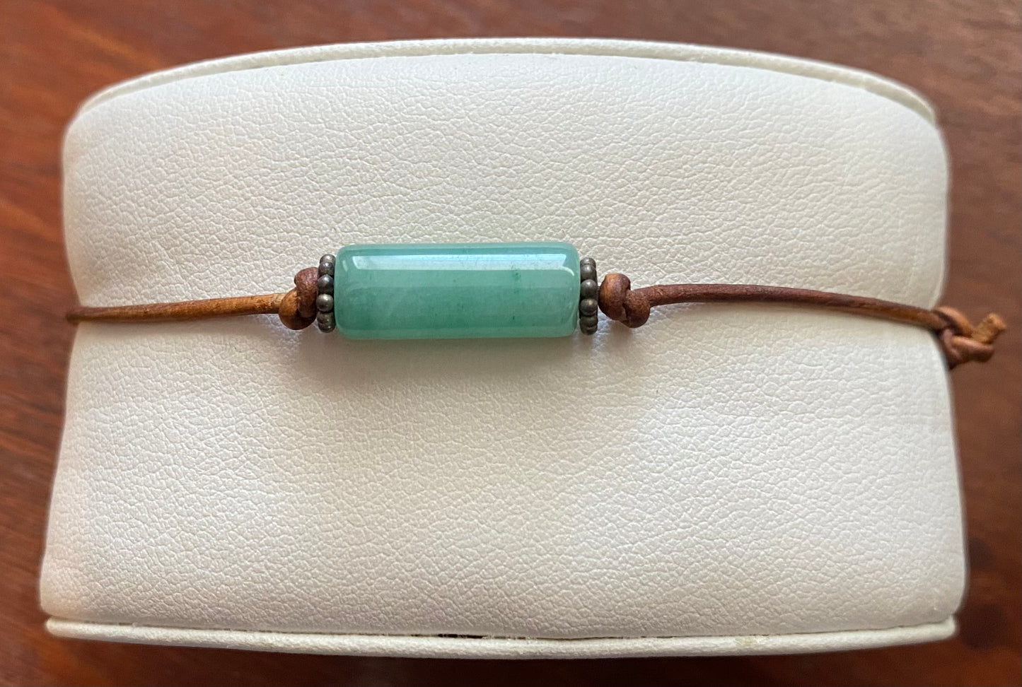 Green Jade Bead Brown Leather Cord Bracelet Adjustable