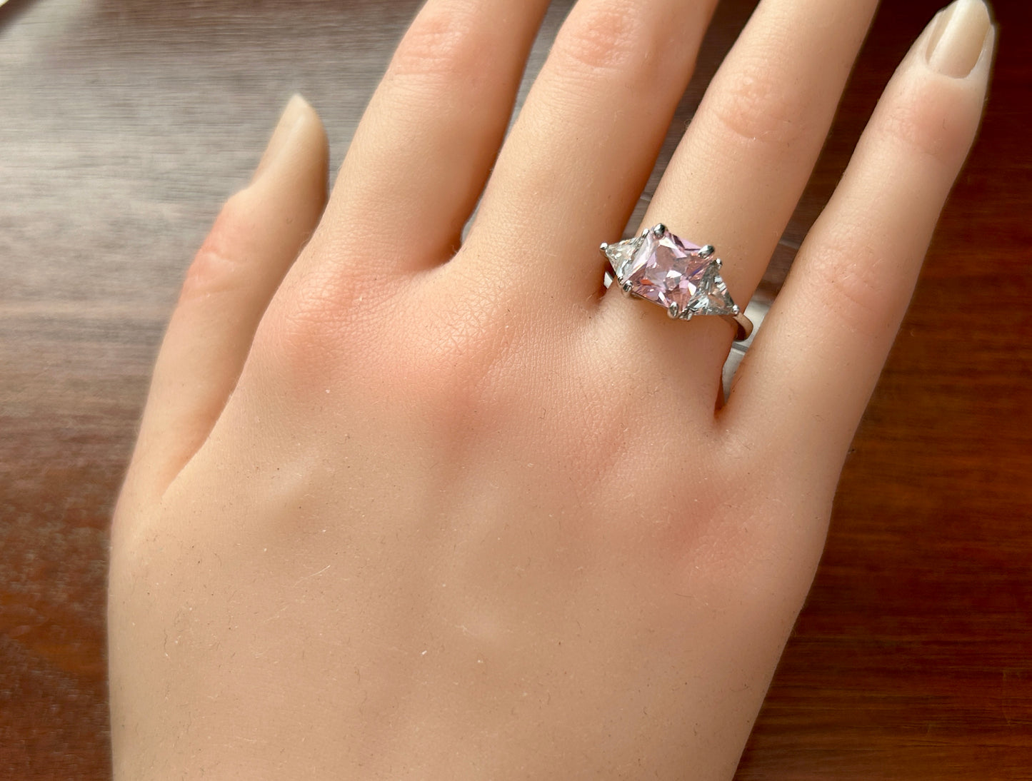 Silver Tone Princess Pink CZ Stone White Trillion Cut Cocktail Ring Sz 6.25