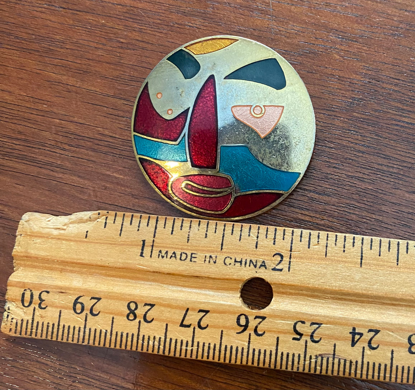 Vintage Gold Tone Colorful Enamel Metal Deco Modern Face Brooch