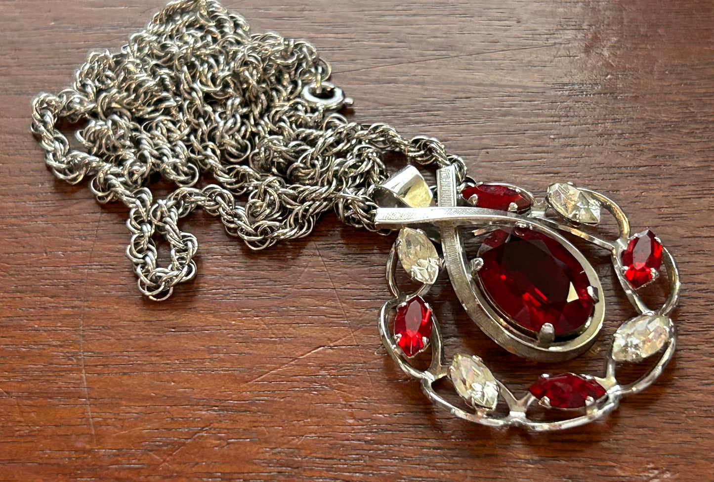 Vintage Van Dell Sterling Silver 925 Pear Marquise Red Rhinestone Pendant Necklace