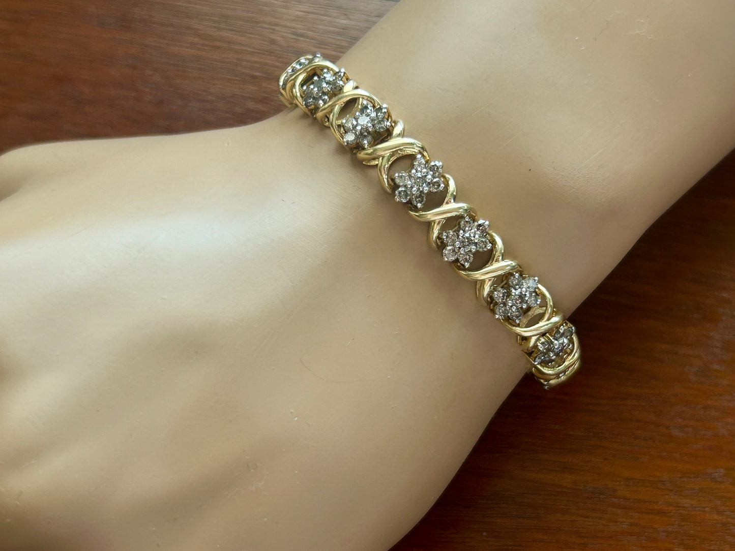 HEAVY 14k Yellow Gold X Design 3.5ctw Diamond Tennis Bracelet Signed JAFA