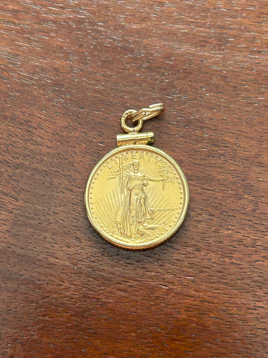 1/10 oz Fine Gold Standing Liberty 5 Dollar Coin 14k Yellow Gold Bezel Pendant