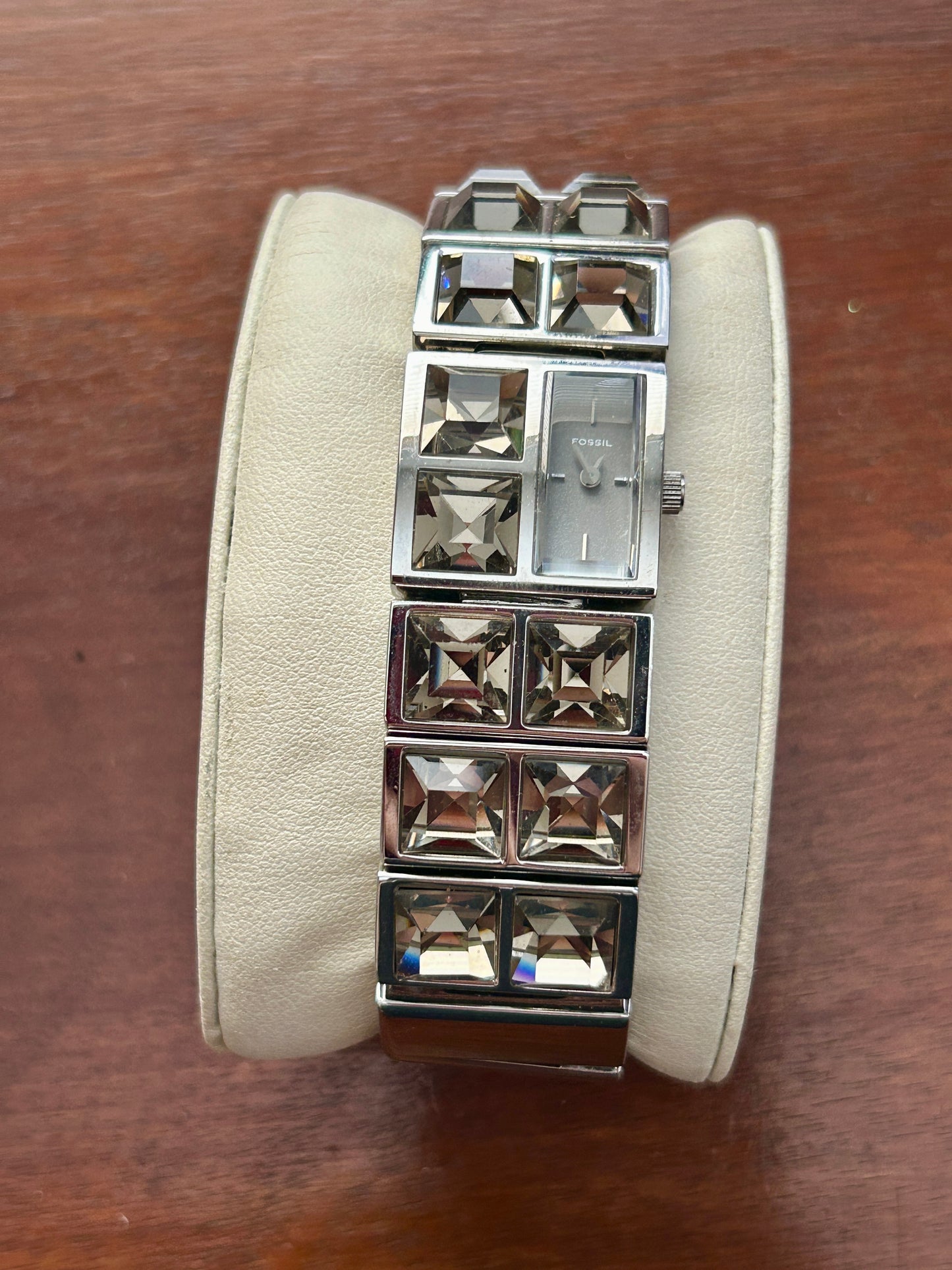 Fossil F2 Silver Tone Wide Square Rhinestone Champagne Gray Ladies Wristwatch