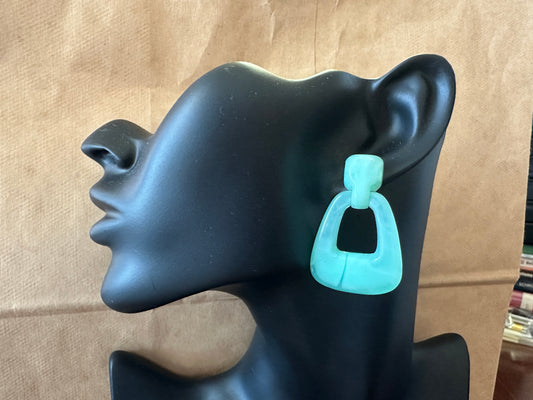 Vintage Marbled Teal Seafoam Blue Green Doorknocker Pierced Earrings