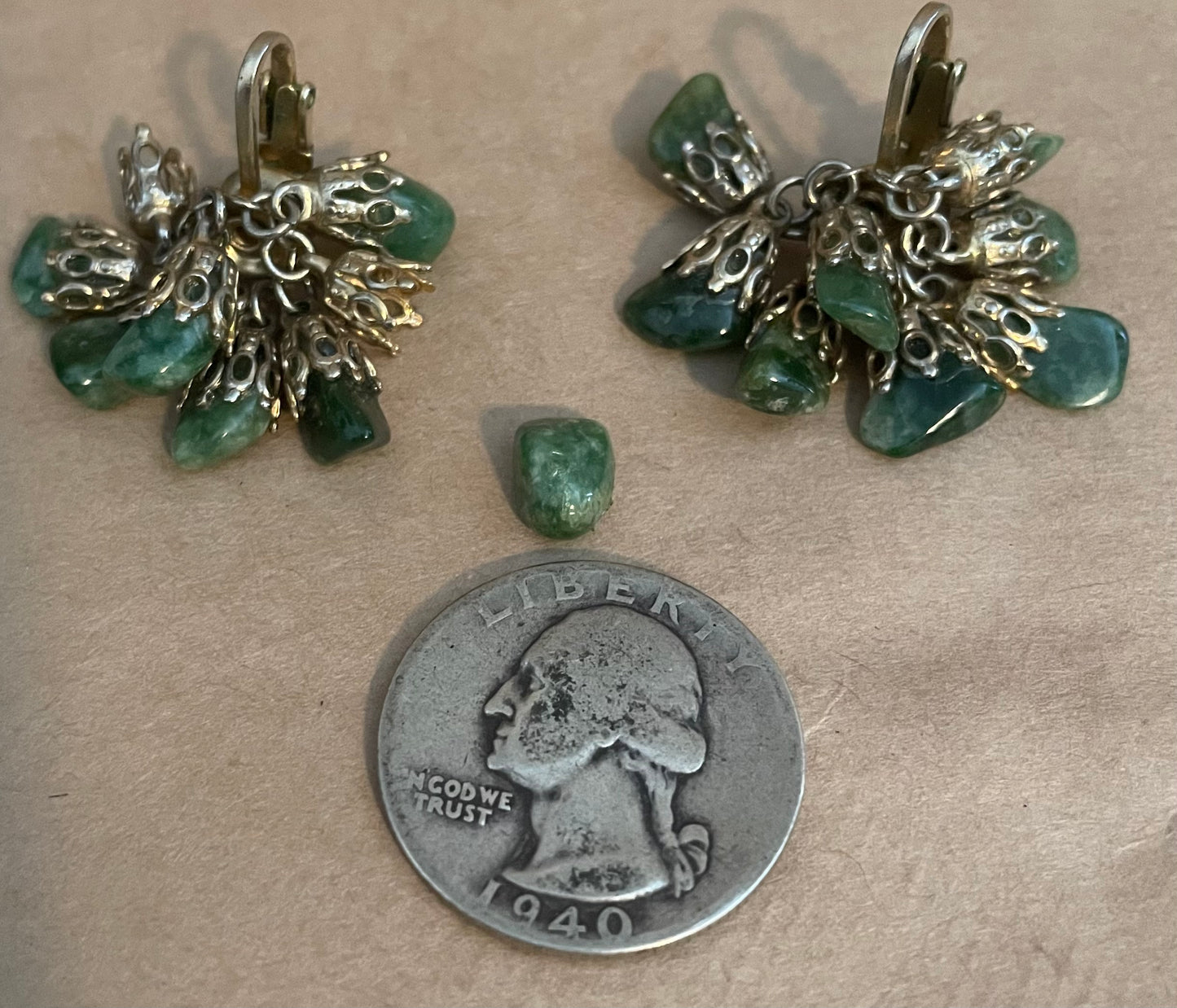 Vintage Gold Tone Cluster Green Stone Clip on Earrings