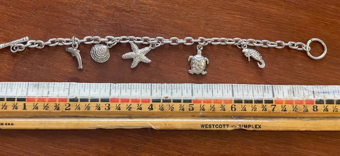 Vintage Silver Tone Charm Bracelet Sea Turtles Starfish Shells