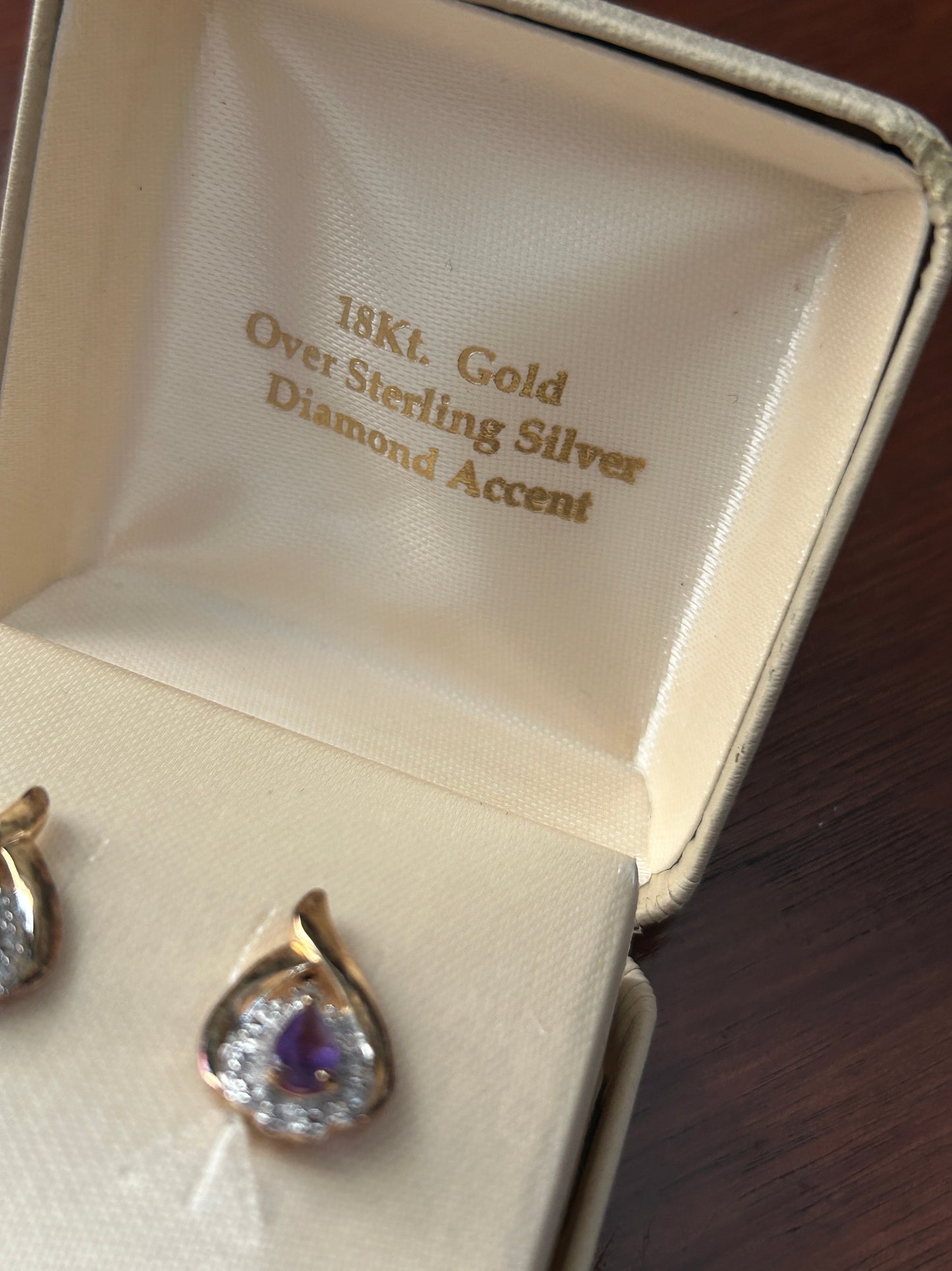 18k Yellow Gold over Sterling Silver 925 Diamond Accent Pear Amethyst Earrings