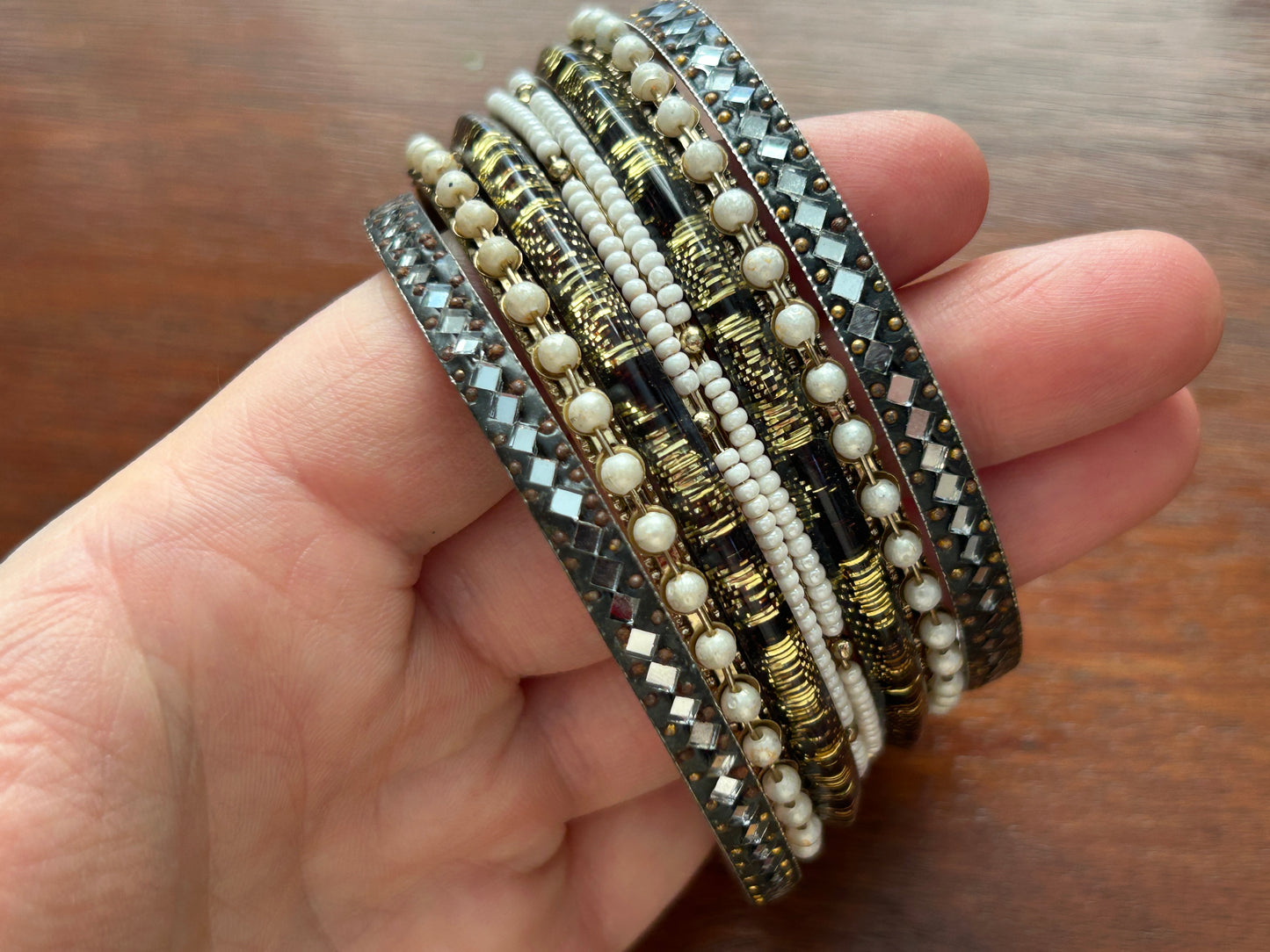 Vintage Set of Gold Tone & Black Bangles Bracelet Faux Seed Pearl