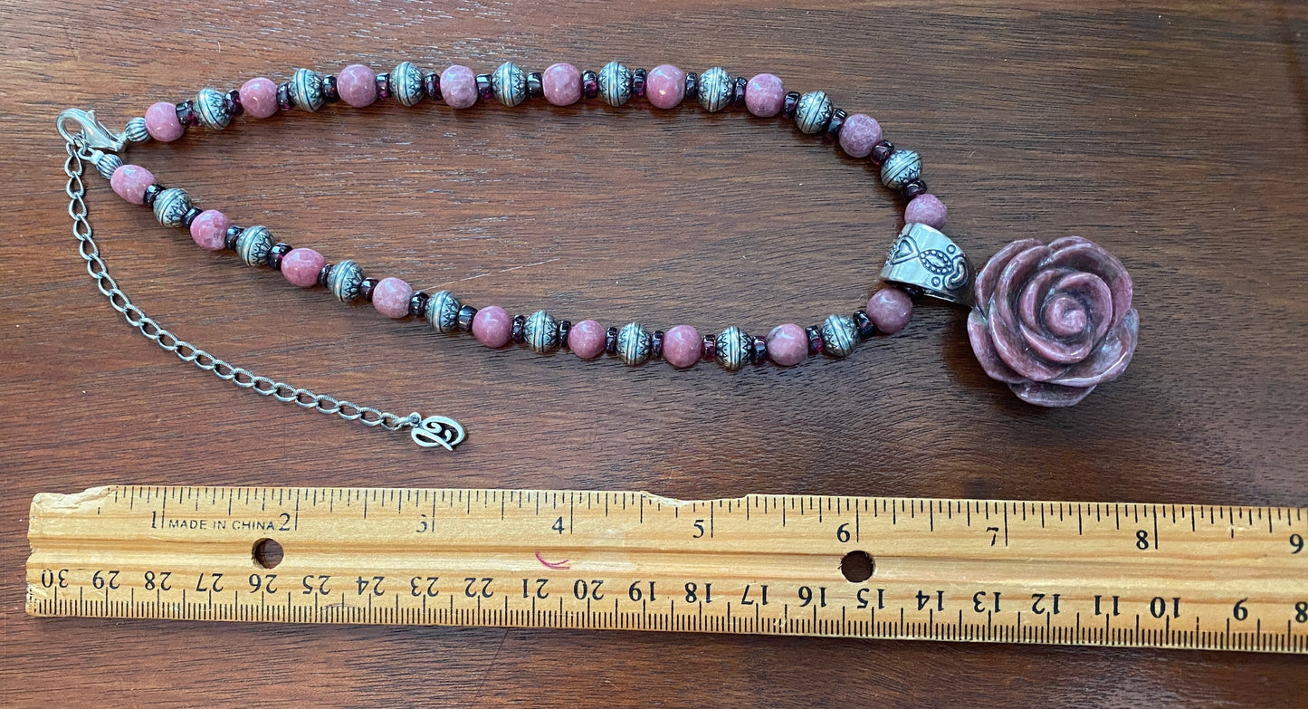 Carolyn Pollack Relios Rhodonite Carved Rose Sterling Silver Pendant Necklace