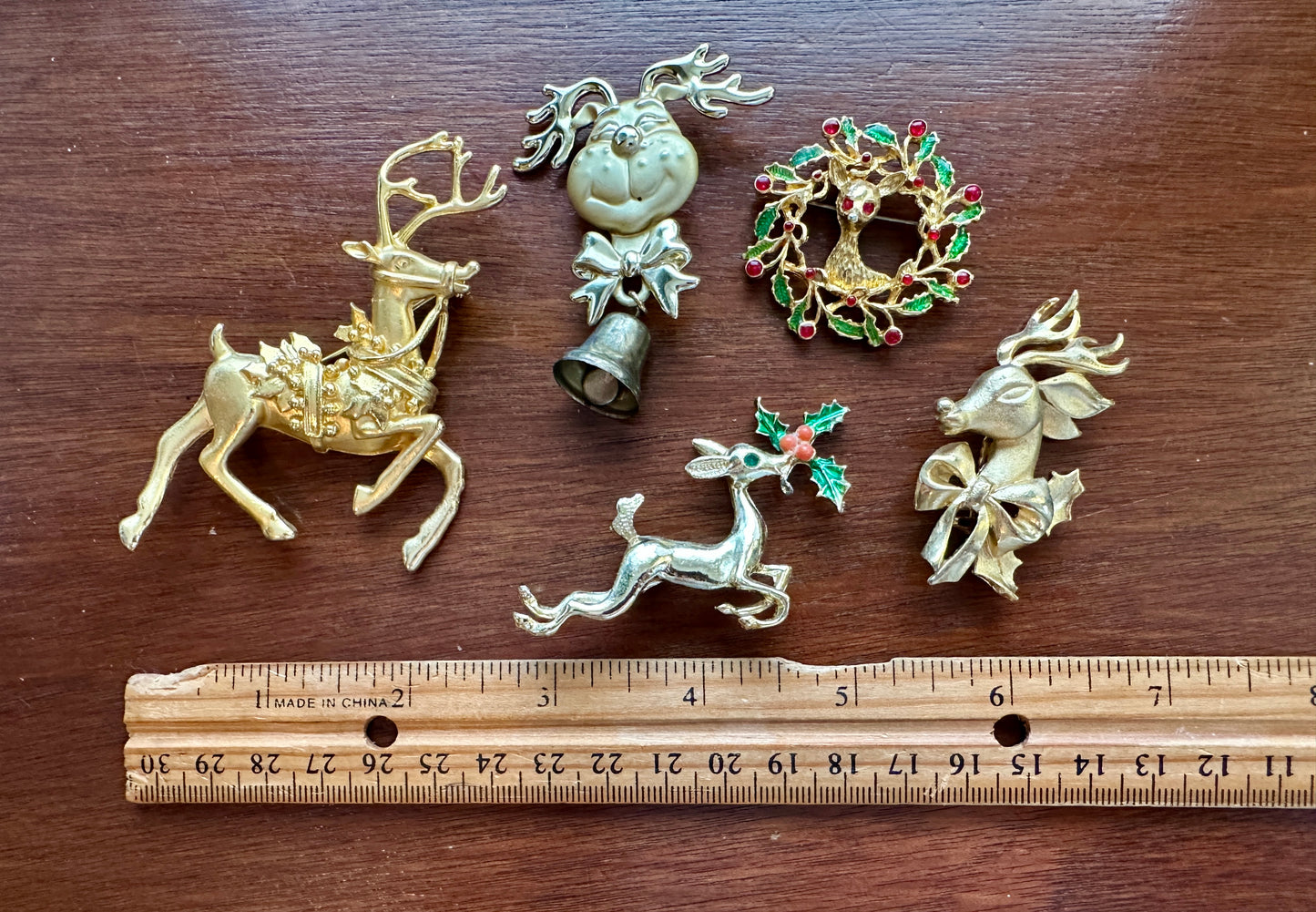 Vintage to Now Brooch Lot Reindeer Deer Wreath Candles Bells Rhinestone Enamel