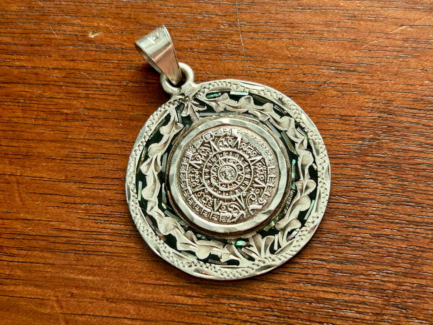 Vintage Sterling Silver 925 Mayan Calendar Round Large Necklace Pendant