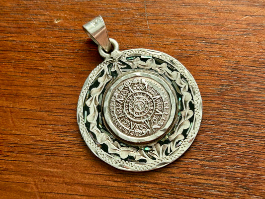 Vintage Sterling Silver 925 Mayan Calendar Round Large Necklace Pendant