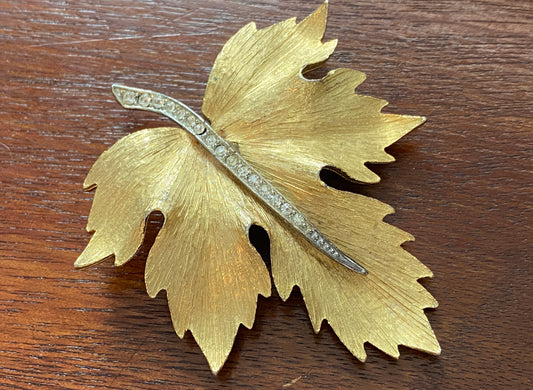 Vintage Park Lane Signed Gold Tone Textured Rhinestone Leaf Brooch Pin