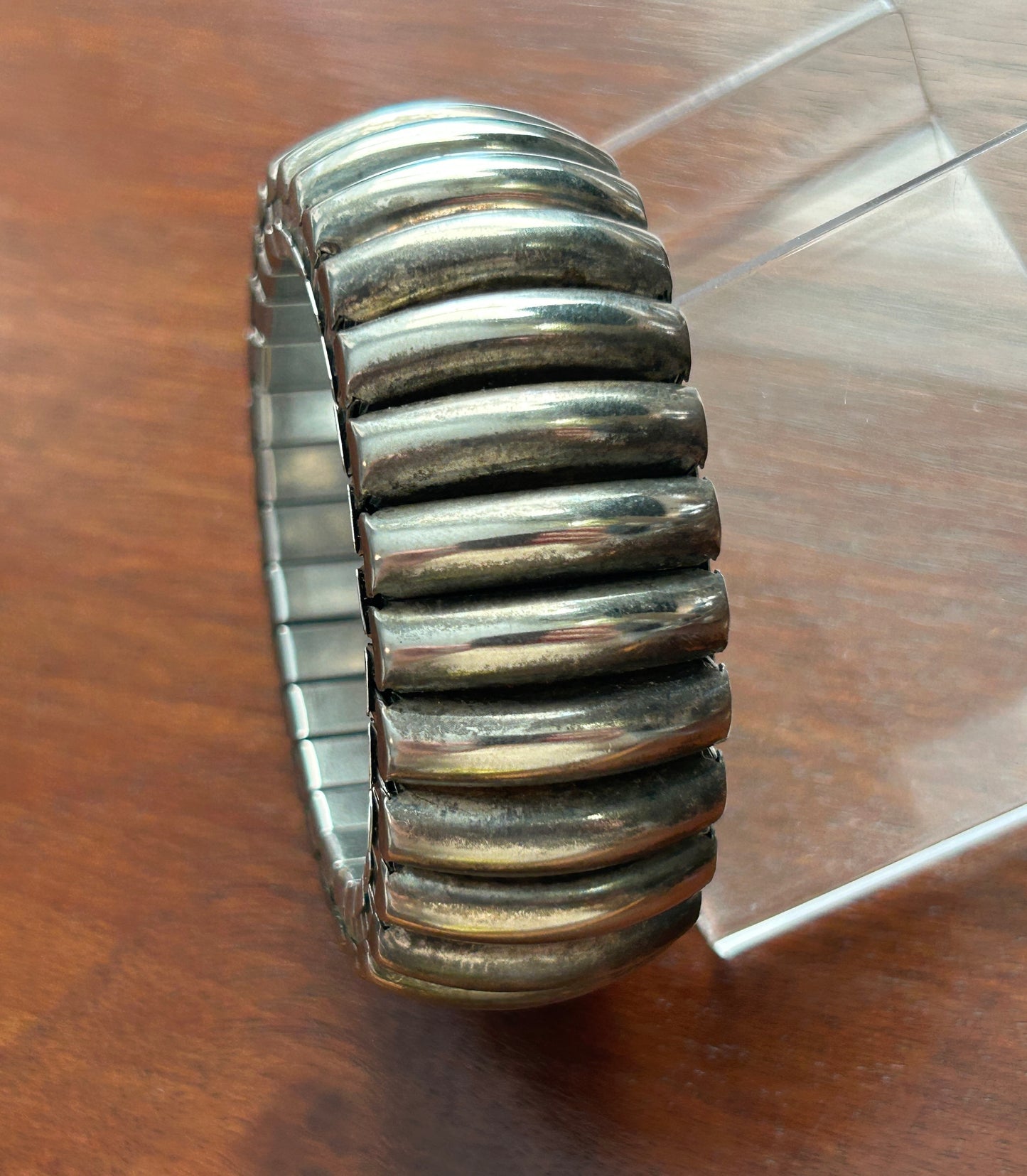 Vintage Silver Tone Ribbed Stretch Bracelet Chunky