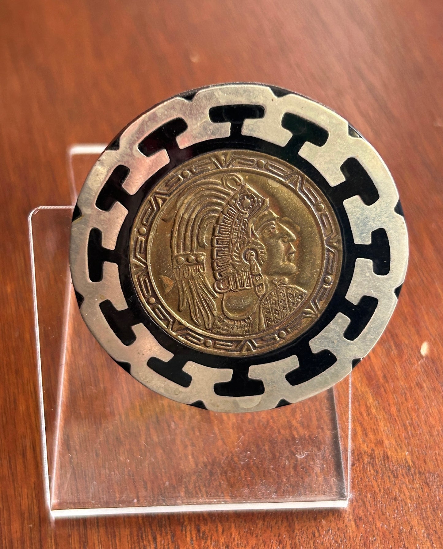 Vintage Silver Tone Mayan Coin Onyx Inlay Large Brooch Pin