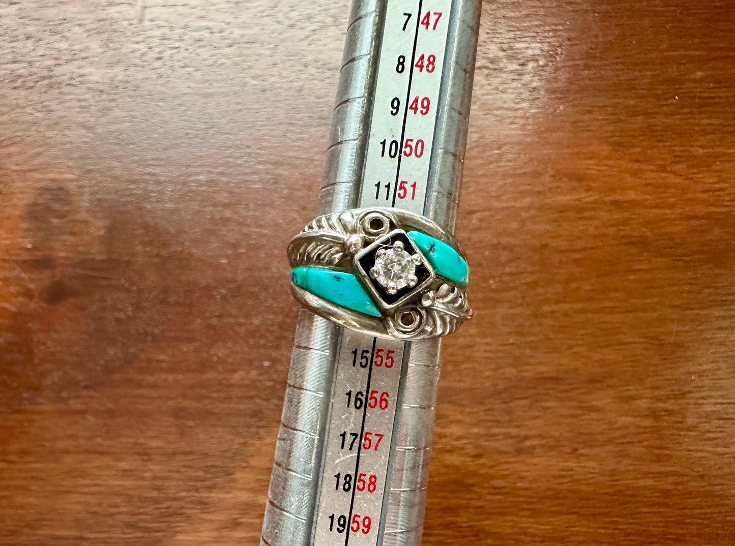 Signed CW Navajo Sterling Silver 925 Turquouse CZ Black Relief Ring Sz 6.5