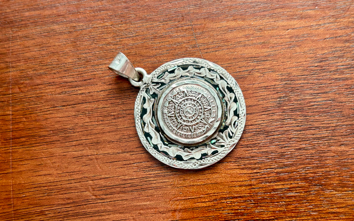 Vintage Sterling Silver 925 Mayan Calendar Round Large Necklace Pendant