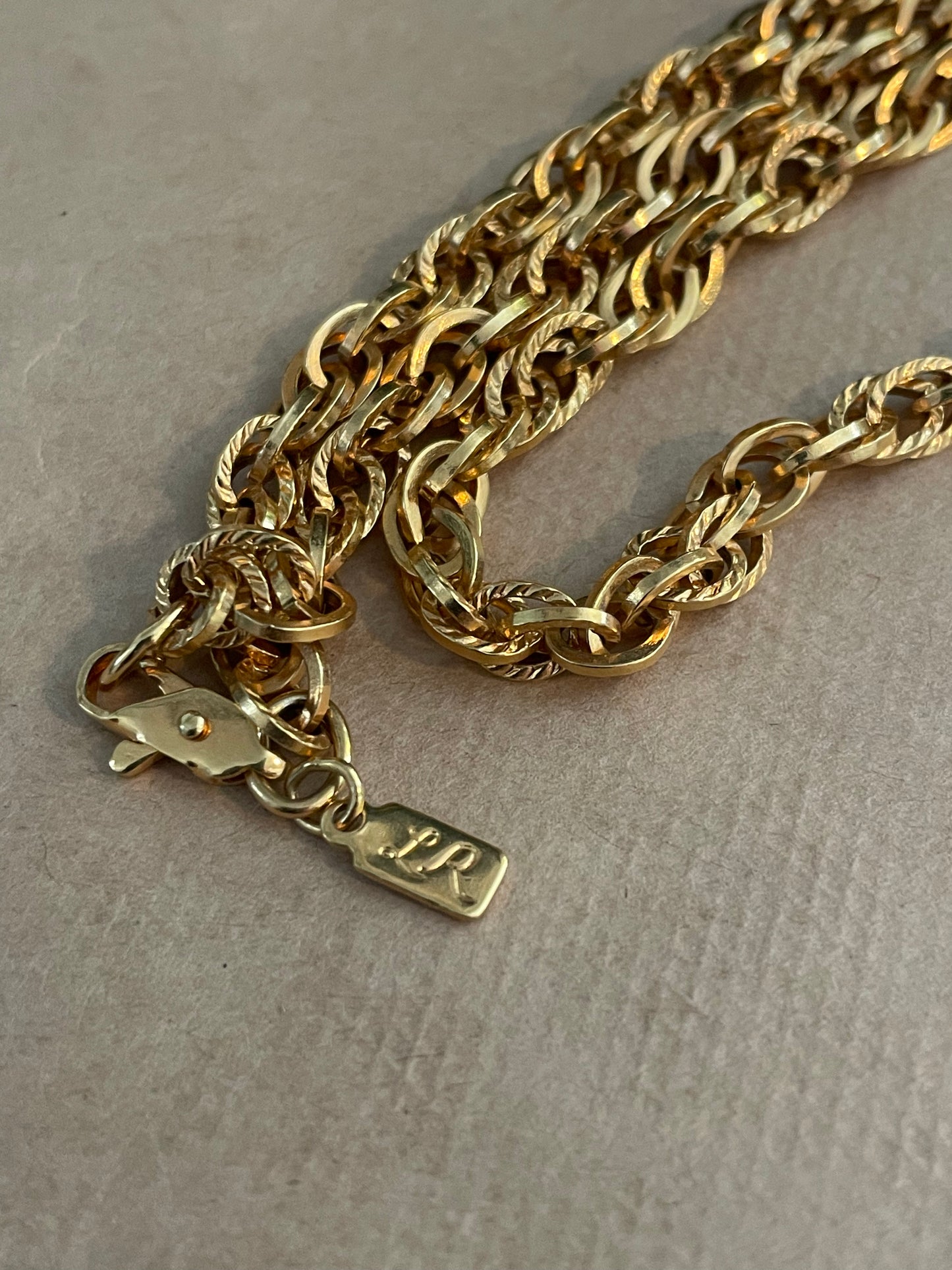 Signed LR Gold Tone Chain Extra Long Opera Length Necklace