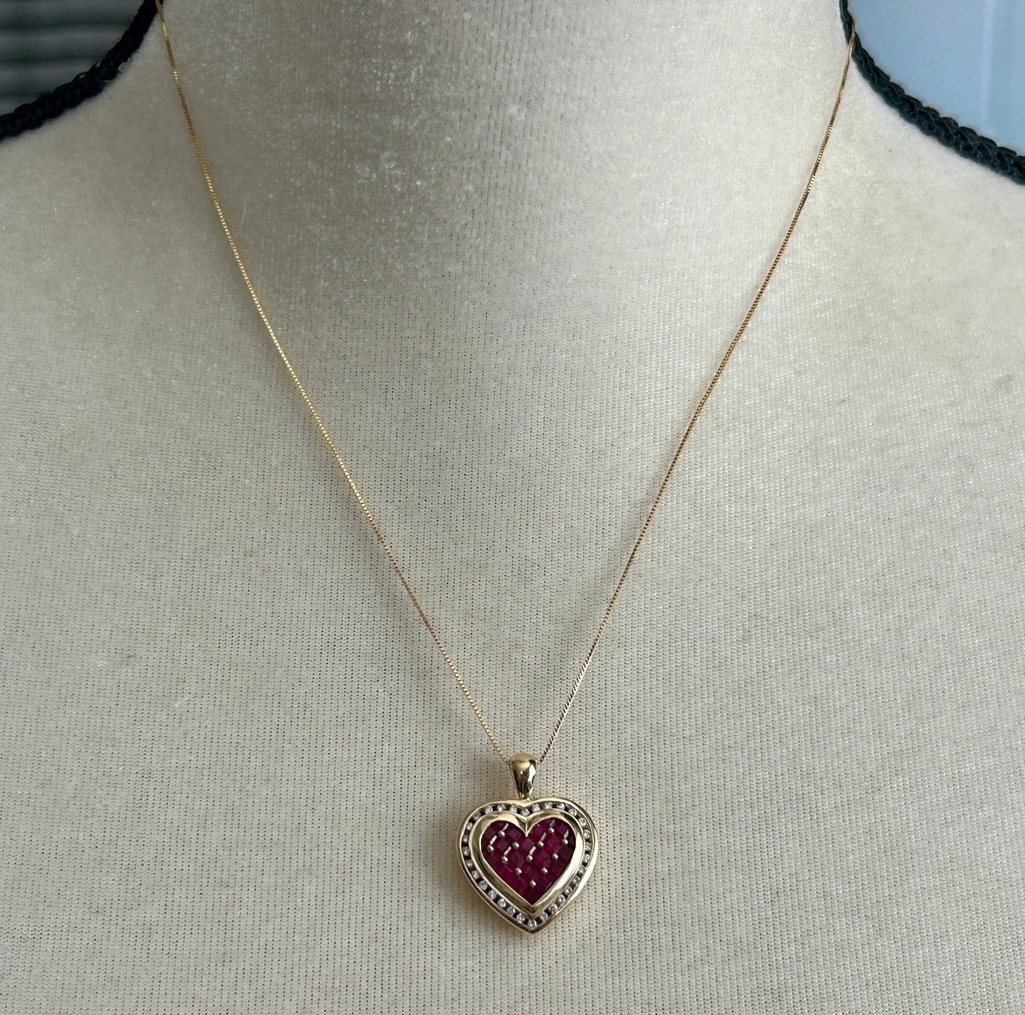 14k Yellow Gold Box Chain THL Keepsake Ruby Diamond Halo Heart Pendant Necklace