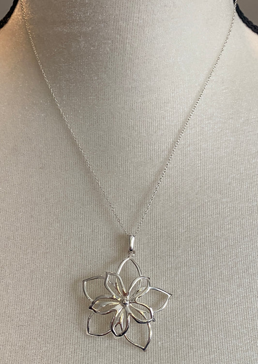 Sterling Silver 925 Open Work Flower Large Pendant Necklace Chain