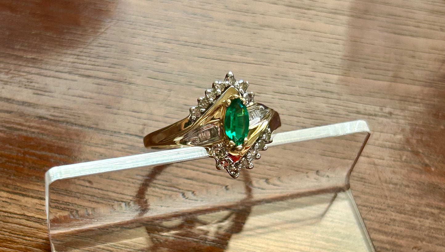 10k Yellow Gold Simulated Marquise Emerald Diamond Baguette Ring Sz 9.25