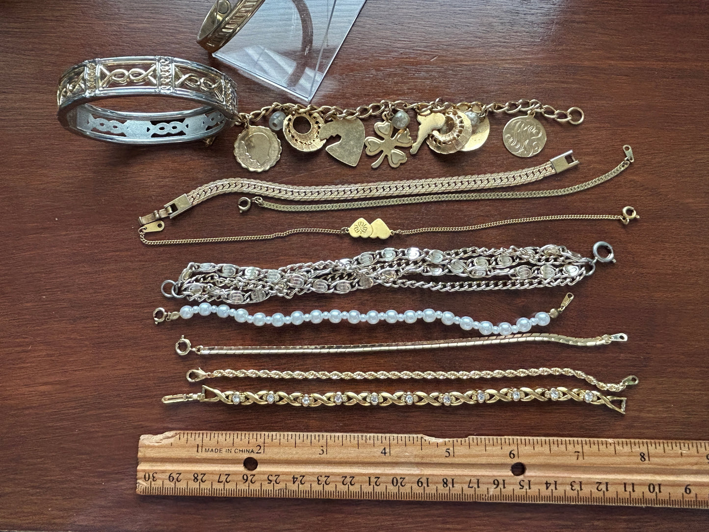 Lot of Vintage to Now Bracelets Gold Chains Charms Faux Pearl Tennis Rhinestones