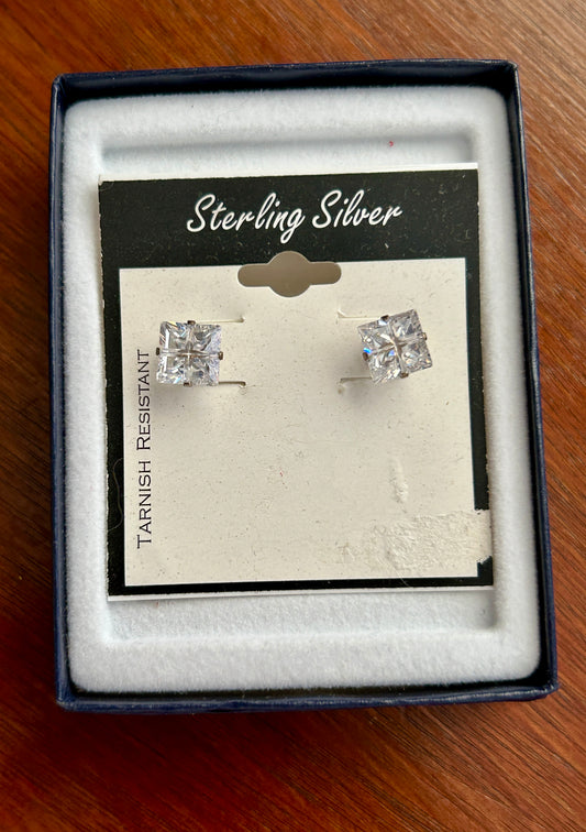 Sterling Silver 925 Cubic Zirconia CZ Square Stud Earrings NOS