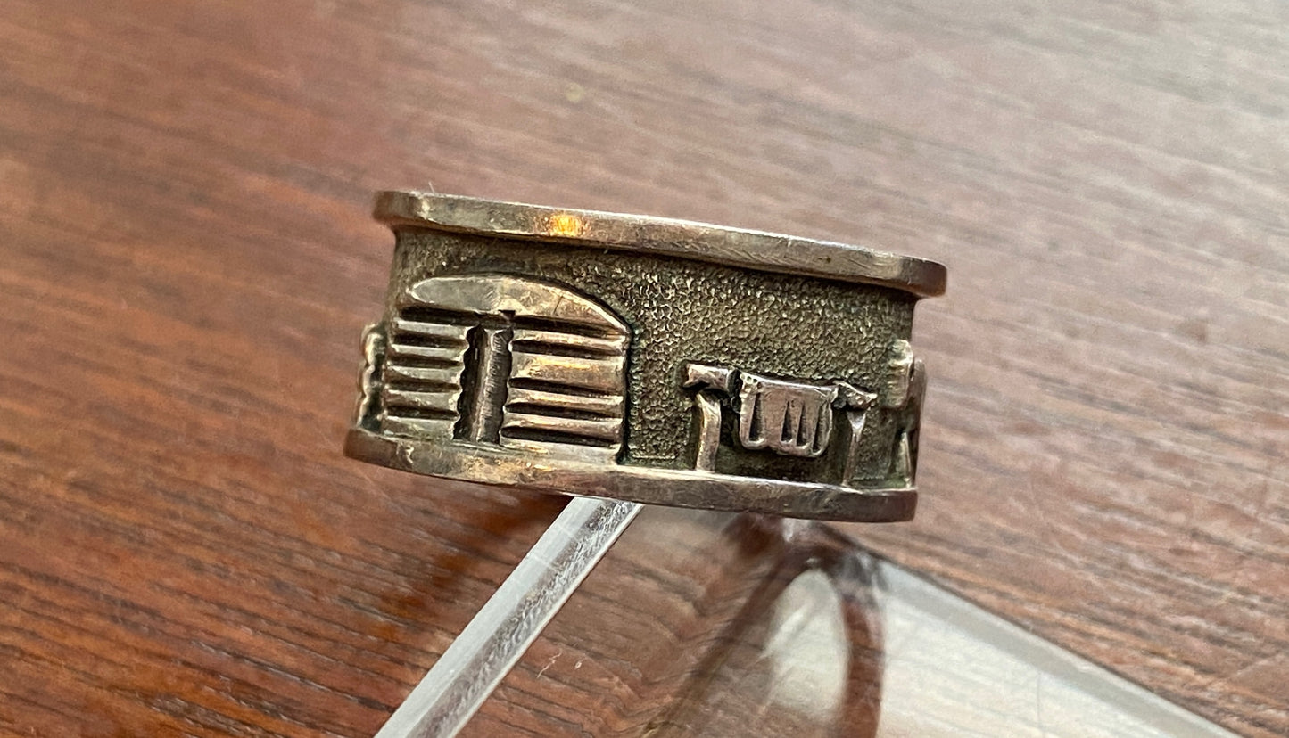 Navajo Sterling Silver 925 Storyteller Village Wide Band Ring Sz 8.25