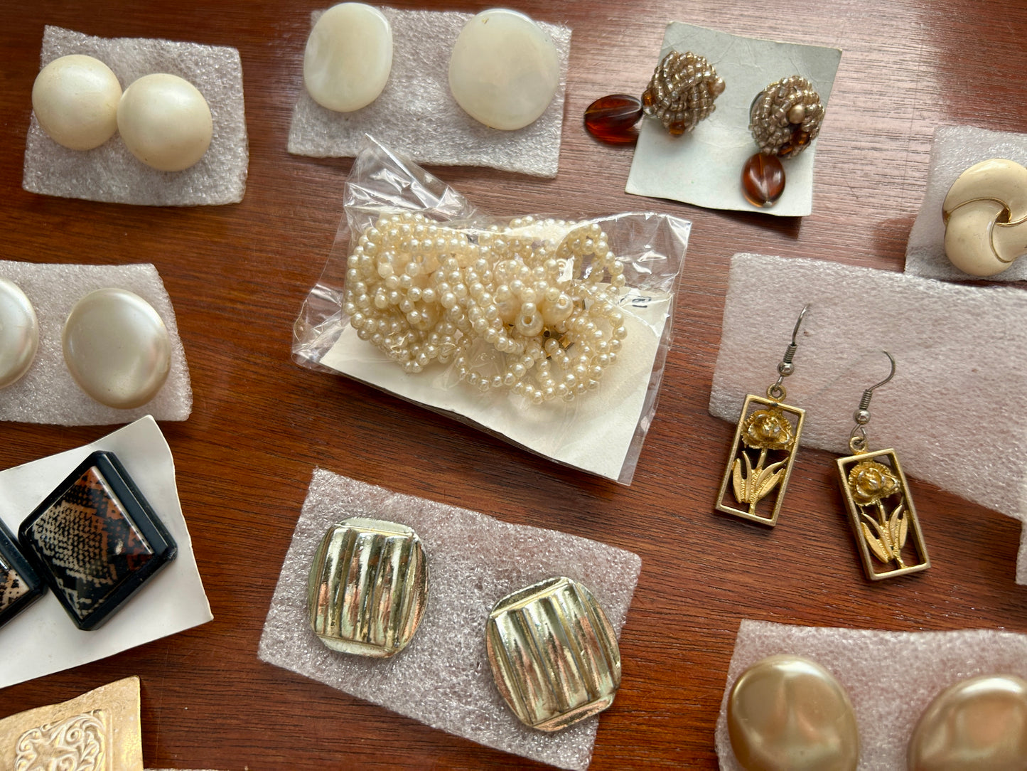 Vintage Pierced Earring Lot Earth Tones Wood Gold Metal Beaded Cabochon Pearl