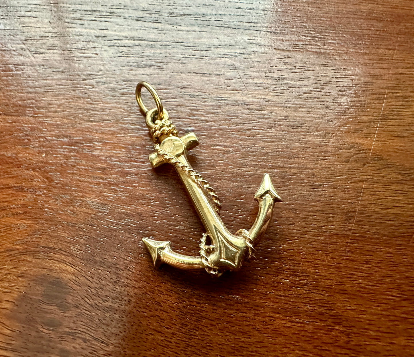 14k Yellow Gold Heavy Anchor Nautical Rope Necklace Pendant 6.4.g