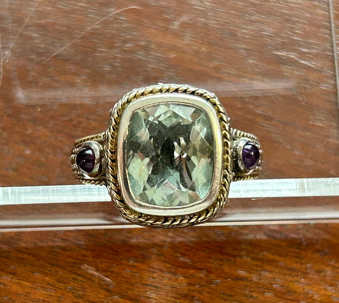 Sterling Silver 925 Faceted Aqua Stone Amethyst Cabochon Ring Sz 7.75
