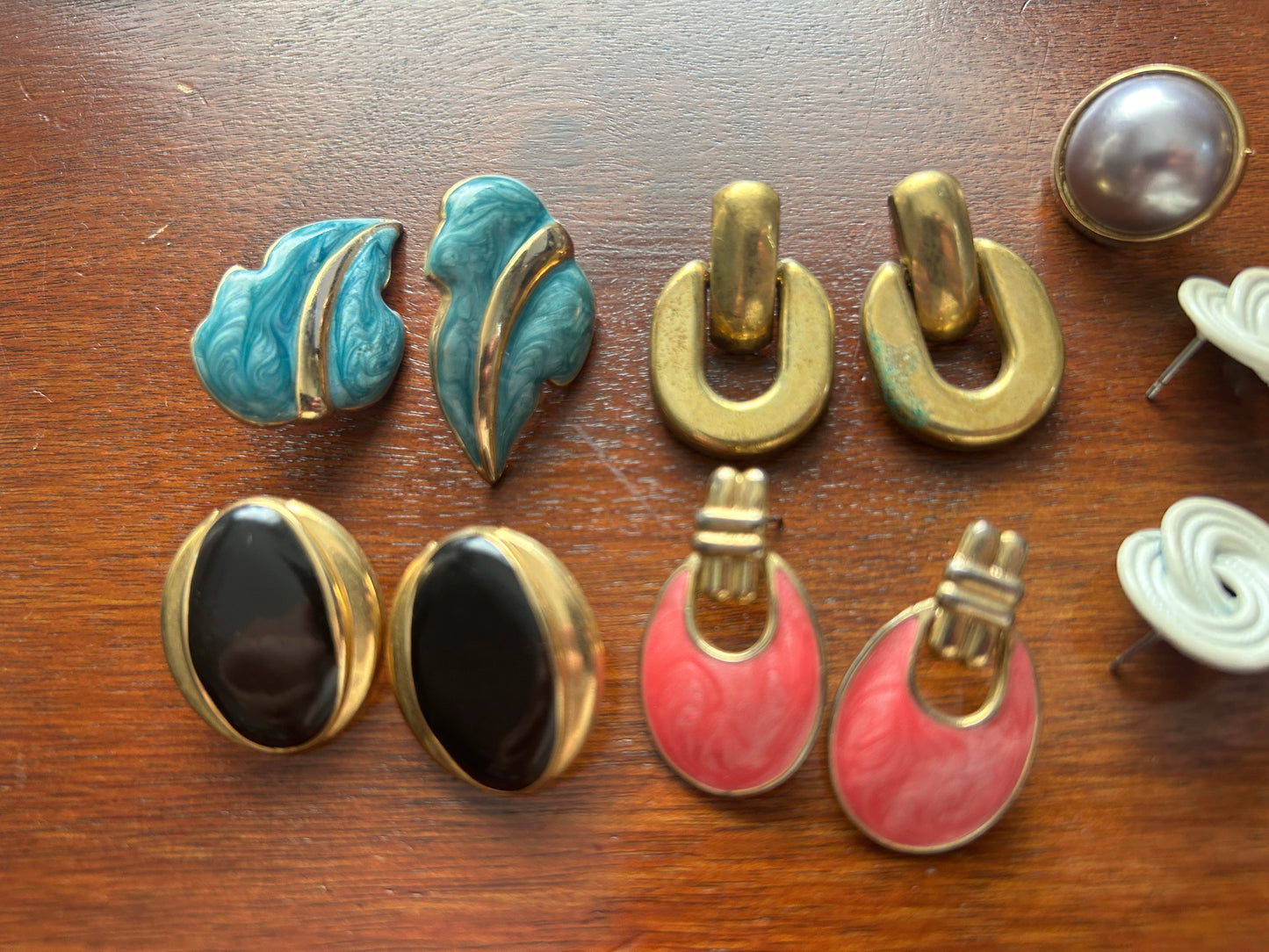 Vintage 80's Pierced Earrings Lot Enamel Cabochon Big Coloful Doorknockers