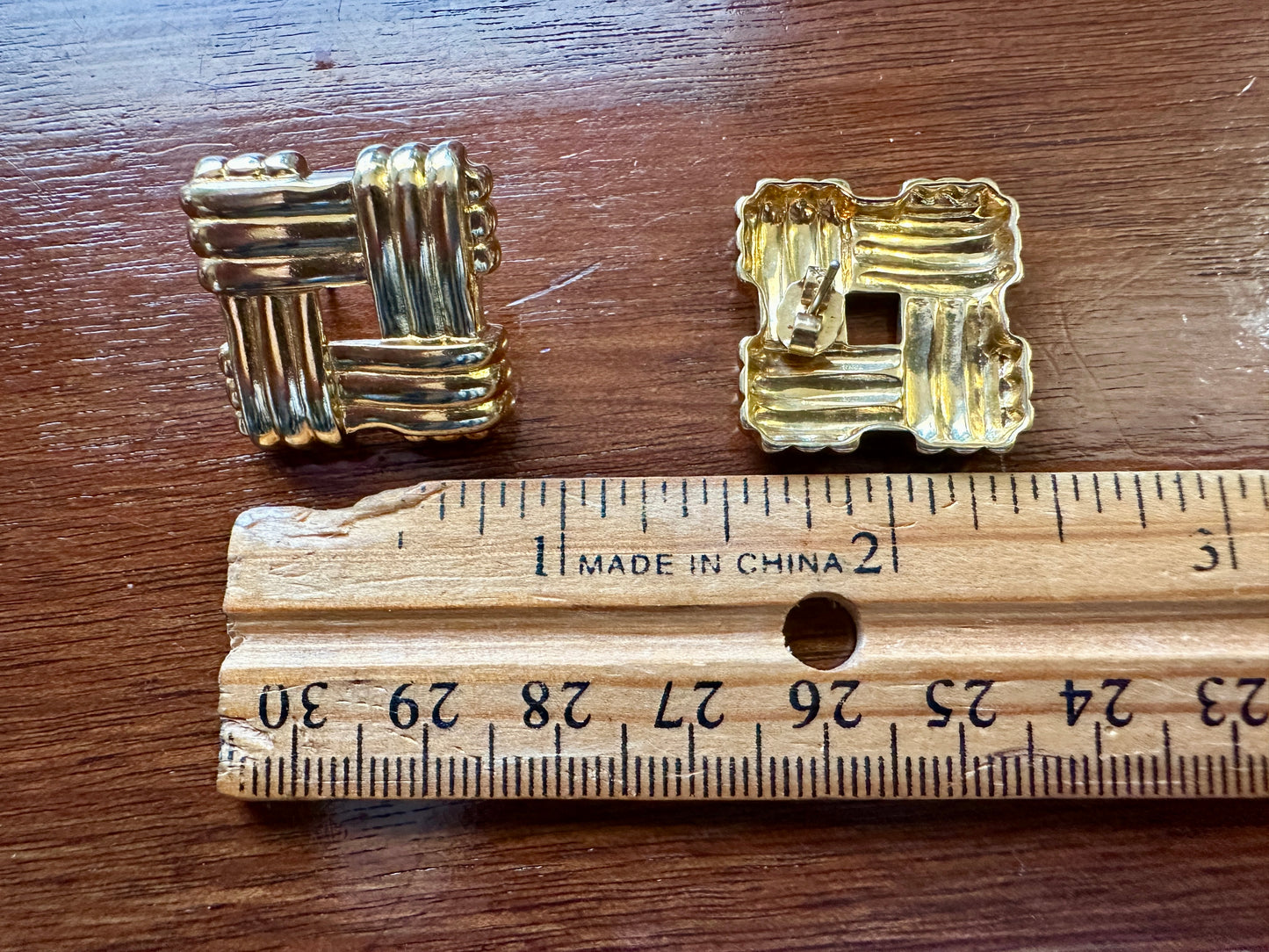 Vintage Gold Tone Square Basket Weave Pierced Large Earrings