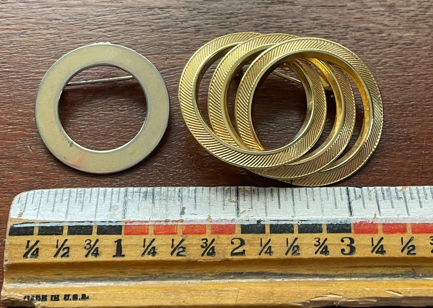 Pair of Vintage Gold Tone Circular Brooches & Lapel Pins