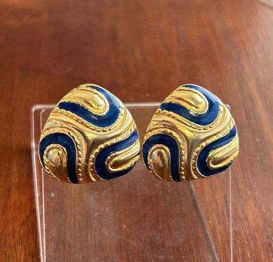 Vintage Gold Tone Blue Swirl Allison Reed Clip On Earrings