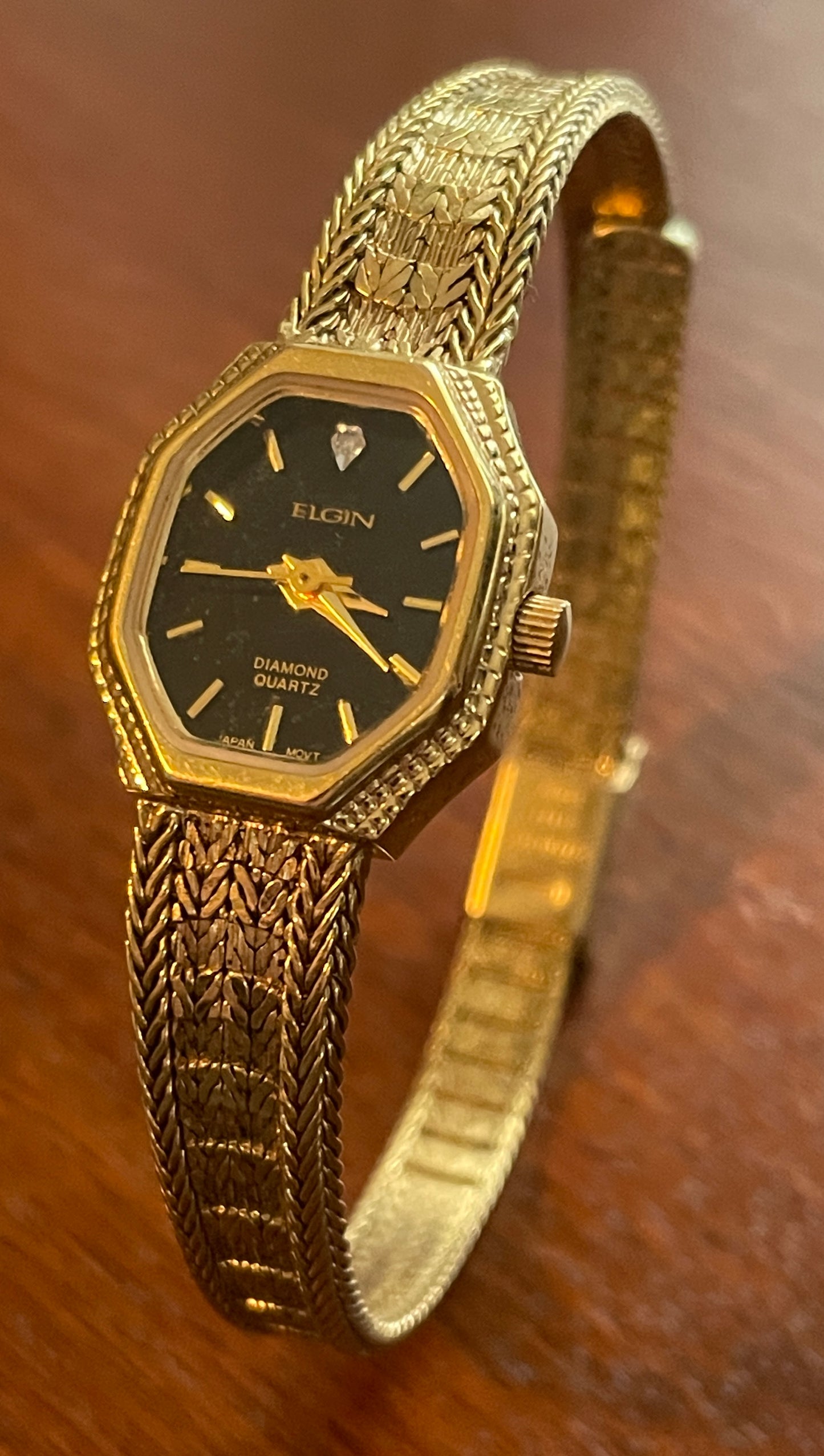 Vintage Elgins Women's Wristwatch Black Dial Herringbone Gold Tone Band