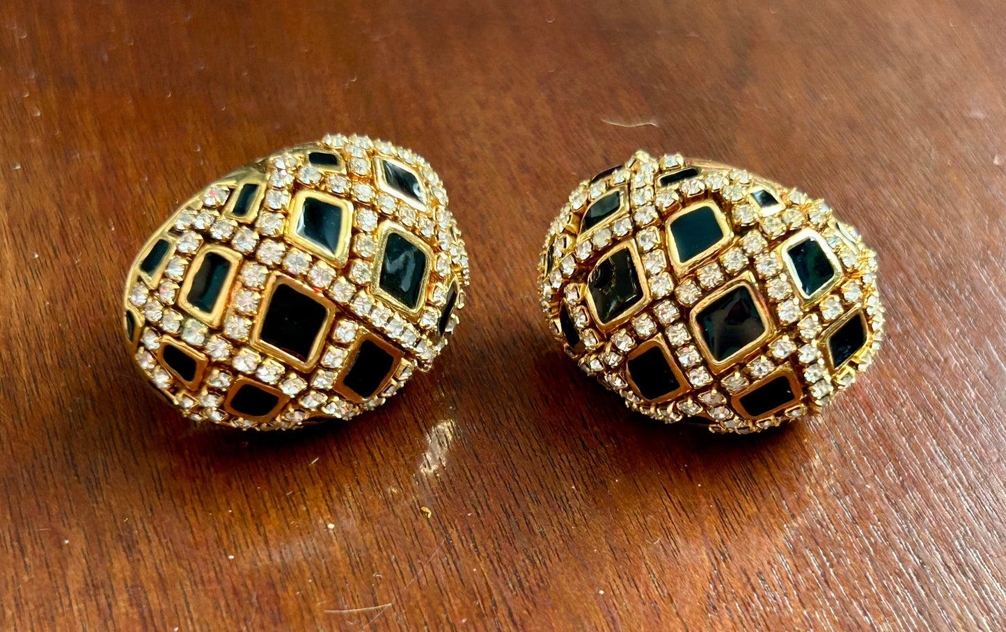 Vintage St John Bombe Gold Black Enamel Rhinestone Jeweled Clip On Earrings