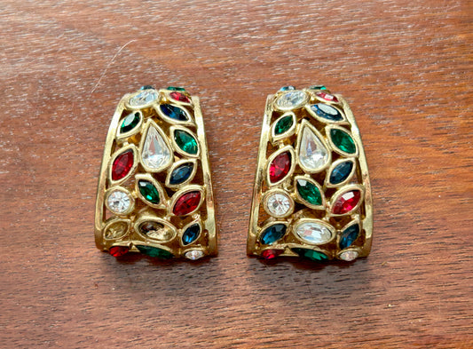 Vintage Nina Ricci Gold Jeweled Red Blue Green Rhinestone Clip On Earrings