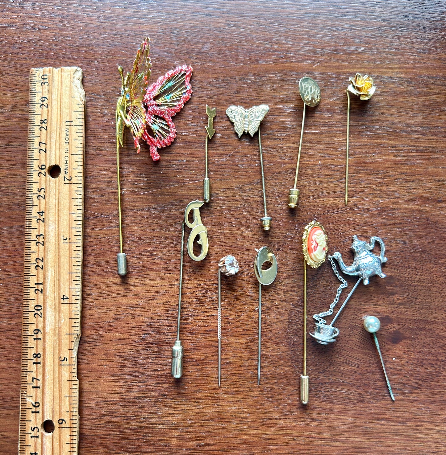 Vintage Stick Hat Pin Lot Avon Teapot Butterfly Rhinestones Cameo Rose Flowers