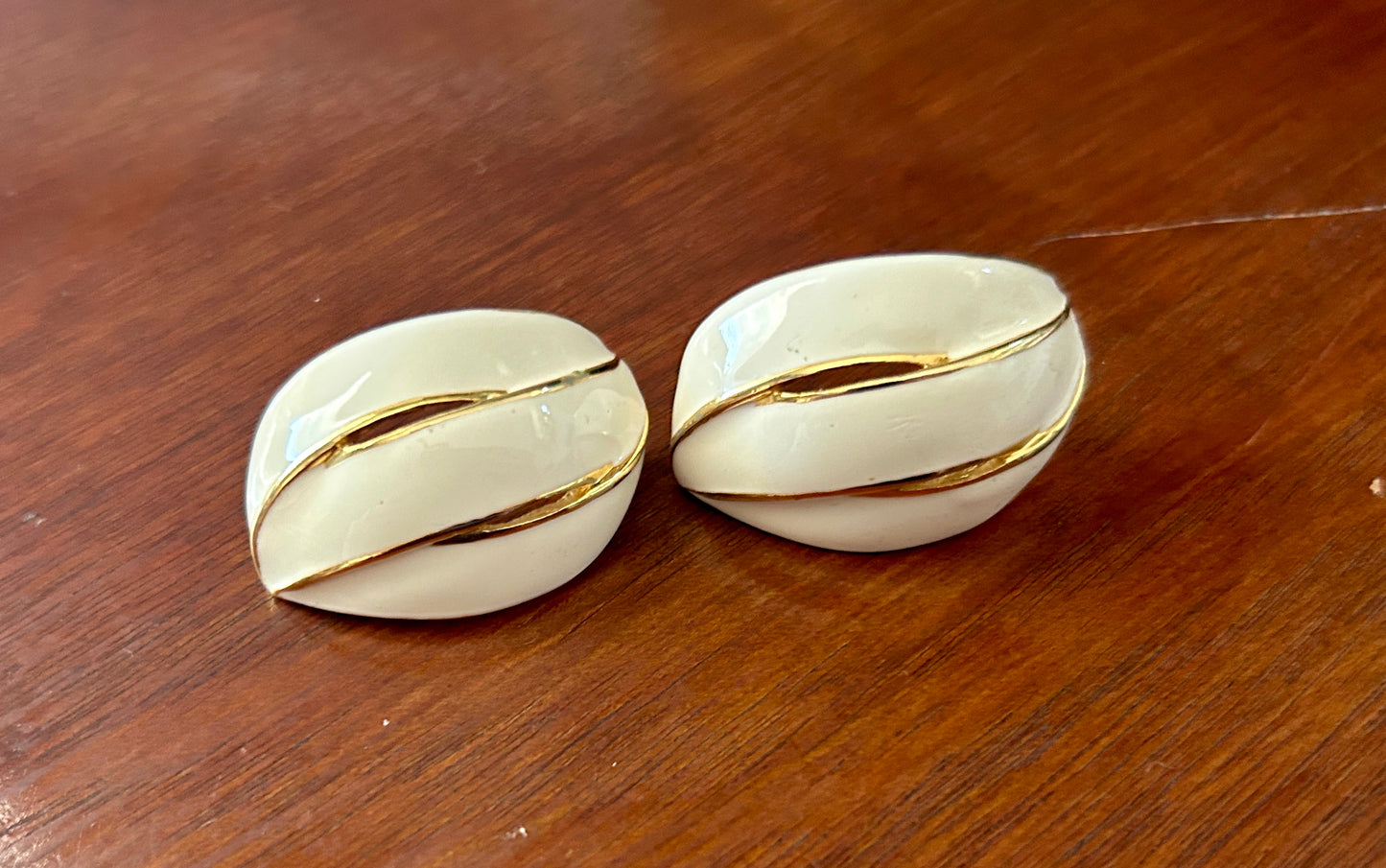 Vintage 80's Large Gold Tone White Cream Enamel Pierced Earrings